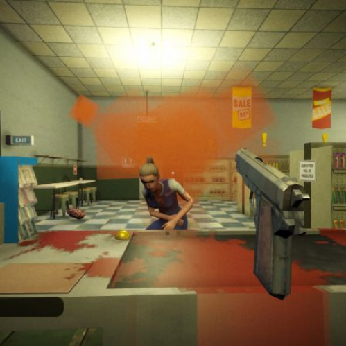 Captura de gameplay de Shift at Midnight mostrando a un jugador dentro de una tienda de gasolinera mientras enfrenta una amenaza durante un turno nocturno.