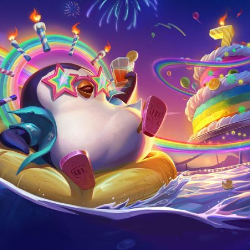Ilustración festiva con personajes estilo caricatura celebrando un aniversario con pastel, globos y elementos coloridos.