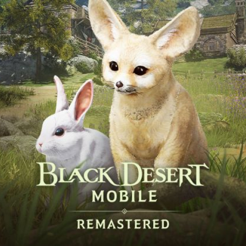 Captura de pantalla promocional de Black Desert Mobile en un entorno de campo abierto con pasto verde y flores silvestres. En el centro destacan dos mascotas en renderizado 3D: un conejo blanco de orejas erguidas a la izquierda y un fénec de pelaje beige con grandes orejas a la derecha. En la parte inferior central se aprecia el logotipo oficial de Black Desert Mobile Remastered.