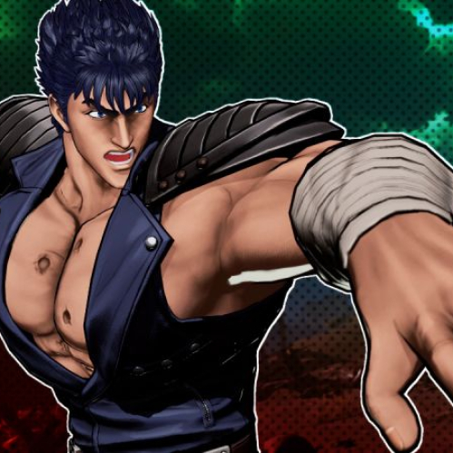 Ilustración de un personaje musculoso en pose de combate dentro de un entorno dinámico de acción.