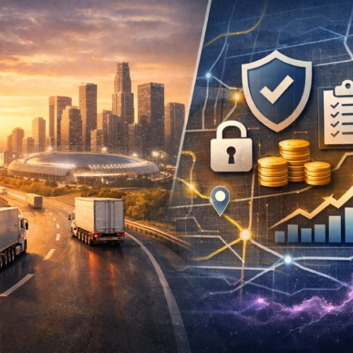 Composición visual que combina transporte de carga rumbo a una ciudad moderna con elementos gráficos relacionados con logística, seguridad y análisis de datos.