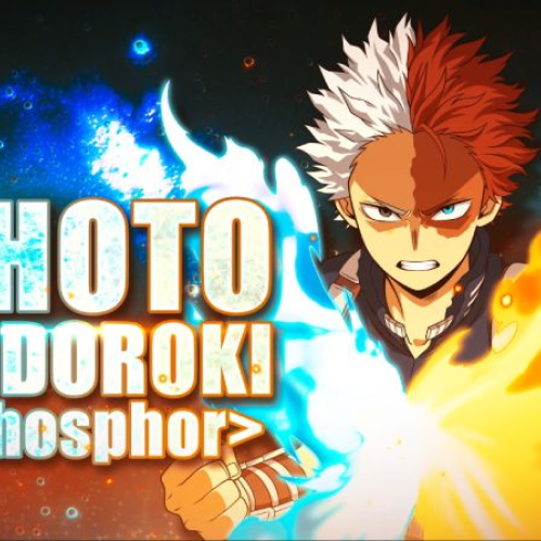 Ilustración promocional del personaje Shoto Todoroki en su versión Phosphor, dividida a la mitad mostrando su lado derecho rodeado de auras de hielo y llamas azules frías, y su lado izquierdo envuelto en fuego naranja y amarillo, con su nombre impreso en letras blancas de estilo cómic.