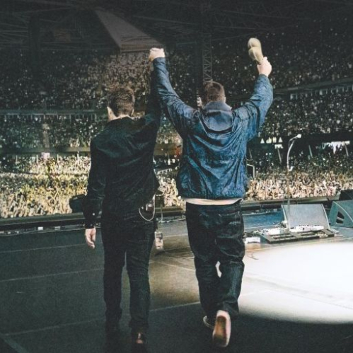 Fotografía desde la parte trasera del escenario en un estadio abarrotado de público. Se observa de espaldas a los hermanos Liam y Noel Gallagher tomados de la mano y levantándolas juntas en señal de victoria frente a miles de espectadores iluminados por las luces del recinto. Liam viste una chamarra oscura y Noel una chamarra deportiva azul, sosteniendo una pandereta con la otra mano.