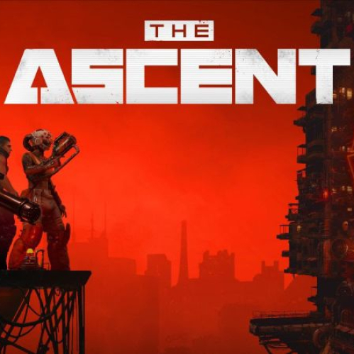 Arte promocional del videojuego The Ascent. En el lado izquierdo, tres personajes cyberpunk armados con trajes futuristas y armas pesadas observan desde una cornisa. El fondo está dominado por un cielo anaranjado y rojo intenso con el silueteado de una enorme metrópolis vertical y el logotipo de THE ASCENT centrado en la parte superior.