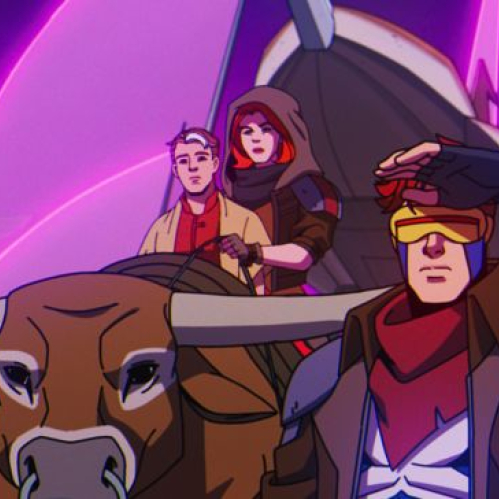 Ilustración con personajes en un entorno futurista iluminado por tonos púrpura y rosa, con elementos tecnológicos y figuras en actitud de exploración.