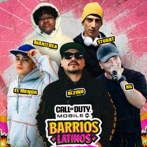 Cinco artistas urbanos posan frente a un fondo colorido con estética callejera, acompañados del logo de Call of Duty: Mobile y la identidad visual de Barrios Latinos.