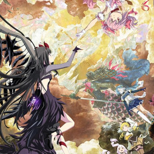 Póster oficial ilustrado en composición vertical sobre un fondo surrealista de nubes y fragmentos de rocas. En la esquina superior izquierda se aprecia la leyenda en blanco: "El mundo no la perdonará". A la izquierda destaca Homura Akemi en una versión oscura con vestido negro deshilachado y alas de plumas negras. En la parte superior derecha, Madoka Kaname flota con vestido rosa portando un arco de luz. Abajo a la derecha aparecen Sayaka Miki, Kyoko Sakura, Mami Tomoe y Nagisa Momoe sobre una plataforma rocosa. En la parte inferior se lee el título "THE MOVIE PUELLA MAGI MADOKA MAGICA Walpurgisnacht: Rising" y la fecha "EN CINES 01 DE OCTUBRE 2026" con los logotipos de Konnichiwa! y Aniplex.