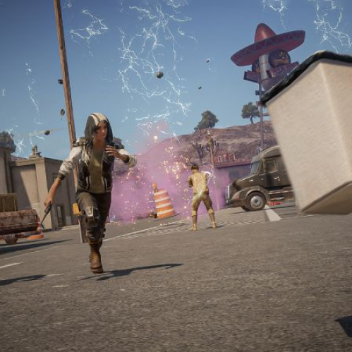 Escena de acción con personajes corriendo entre explosiones y caos urbano, evocando la energía y el estilo visual característico de PUBG: BATTLEGROUNDS.