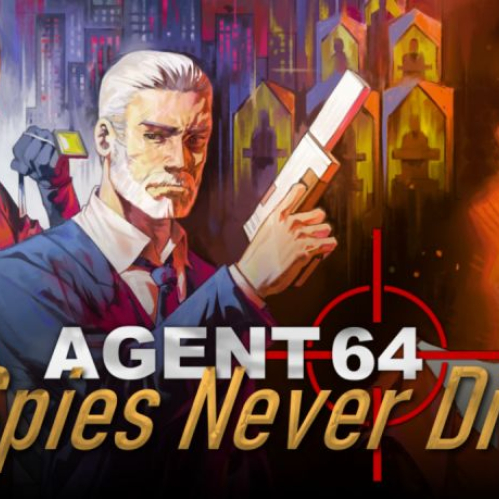 Captura de pantalla de Agent 64: Spies Never Die que muestra una vista en primera persona sosteniendo una pistola silenciada frente a un pasillo poligonal retro iluminado con luces de neón.