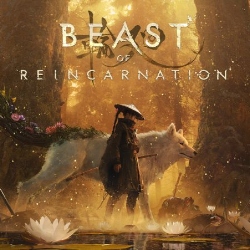 Ilustración principal de Beast of Reincarnation que muestra a Emma con sombreros de paja tradicionales junto a su compañero Koo, un enorme perro blanco, caminando por un bosque místico iluminado por tonos dorados.