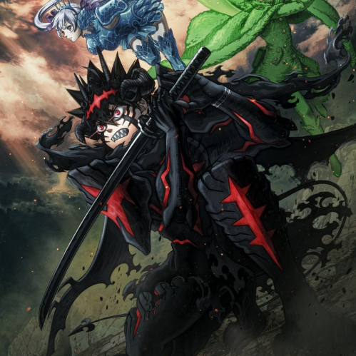 Póster oficial de la segunda temporada de Black Clover, mostrando a Asta en su forma demoníaca con armadura negra y katana, acompañado por Noelle Silva con armadura de agua y Yuno con su forma espiritual de viento.