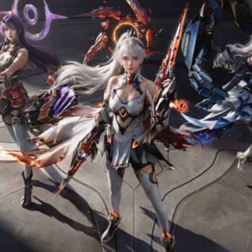 Arte promocional clave que reúne a los tres operadores principales inspirados en las Herrscher de Honkai Impact 3rd posando en formación sobre un escenario tecnológico con sus respectivas armas cosméticas equipadas.