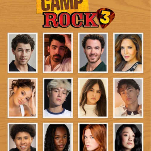 Póster oficial con marco de estilo madera donde se observan doce fotografías individuales del elenco de la película Camp Rock 3, incluyendo a Nick, Joe y Kevin Jonas en la fila superior.