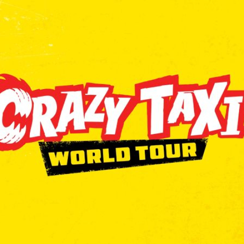 Logotipo oficial de Crazy Taxi: World Tour con letras blancas y rojas sobre un fondo amarillo brillante con texturas.
