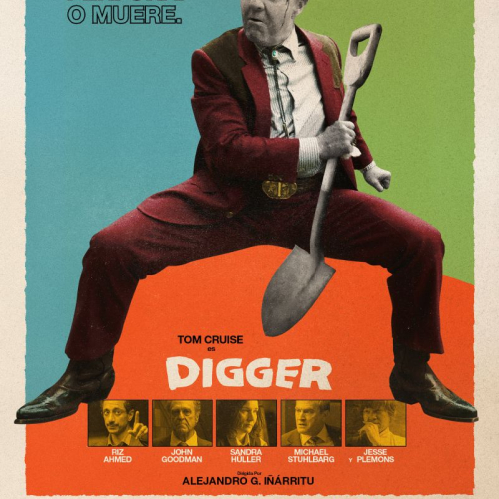 Póster oficial de "Digger" mostrando a Tom Cruise caracterizado con un traje guinda y una pala en mano, sobre un fondo dividido en tonos azul, verde y naranja, con los nombres del elenco principal.