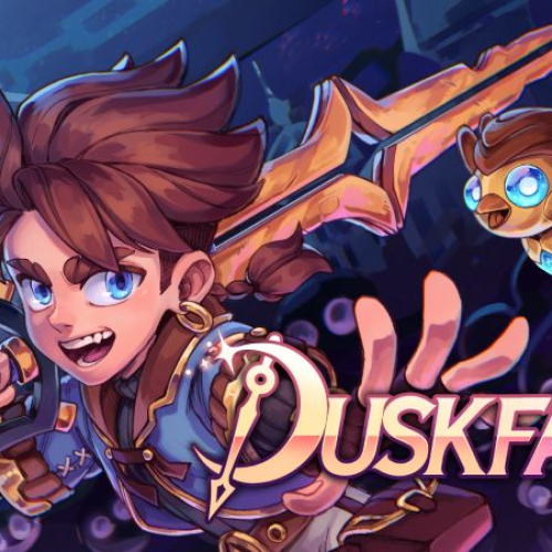 Ilustración promocional de Duskfade que muestra a Zirian empuñando su espada en forma de minutero junto a su compañero mecánico Cuco sobre un fondo de intrincados mecanismos de relojería.
