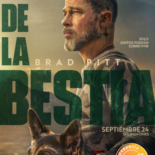 Póster oficial de la película El corazón de la bestia mostrando a Brad Pitt de perfil junto a un perro pastor alemán con arnés táctico.