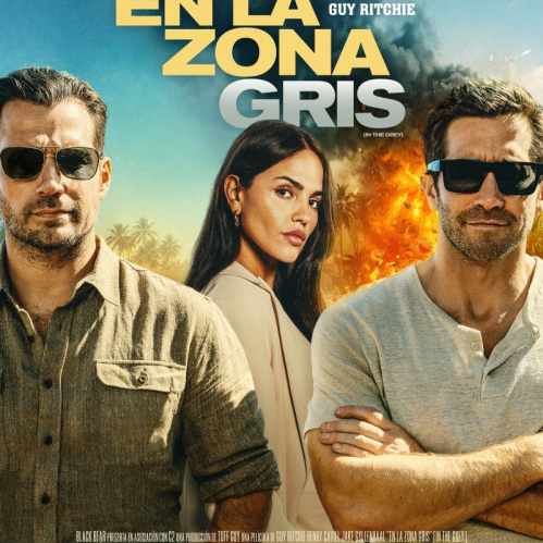 Póster con los tres protagonistas frente a palmeras y una explosión al fondo.