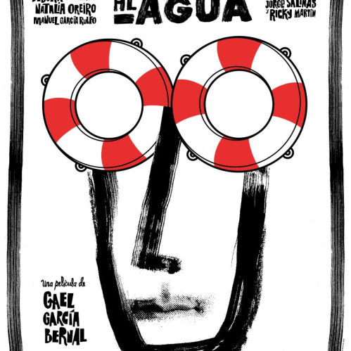Póster oficial de la película Hombre al agua en ilustración a blanco y negro con detalles rojos, mostrando un rostro dibujado cuyos ojos son dos salvavidas marinos.
