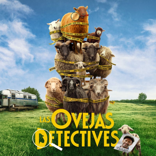 Póster con ovejas apiladas envueltas en cinta de escena del crimen, una lupa y un cordero sosteniendo una foto, con un tráiler al fondo.