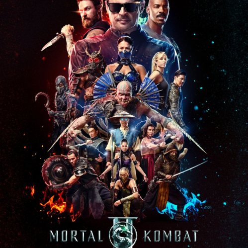 Composición con múltiples personajes en poses de combate bajo iluminación roja y azul.
