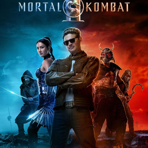 Póster con Johnny Cage al centro rodeado por luchadores emblemáticos en contraste azul y rojo.