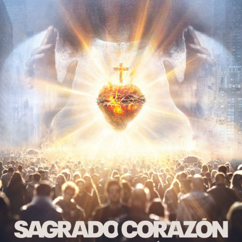 Póster oficial del documental Sagrado Corazón: Su Reino No Tendrá Fin, mostrando una ilustración estilizada de Jesús con el corazón radiante sobre una multitud de devotos en la ciudad.