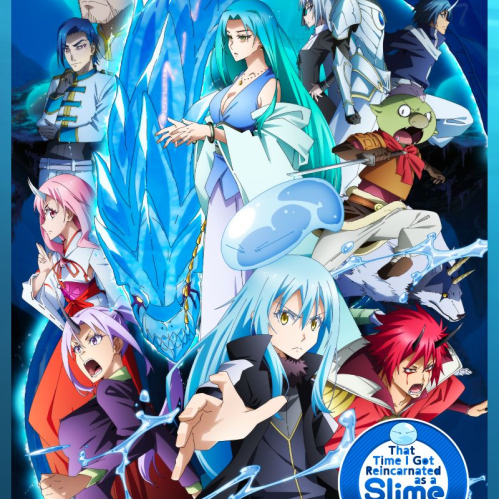 Póster promocional con varios personajes en poses dinámicas y un dragón azul al fondo.