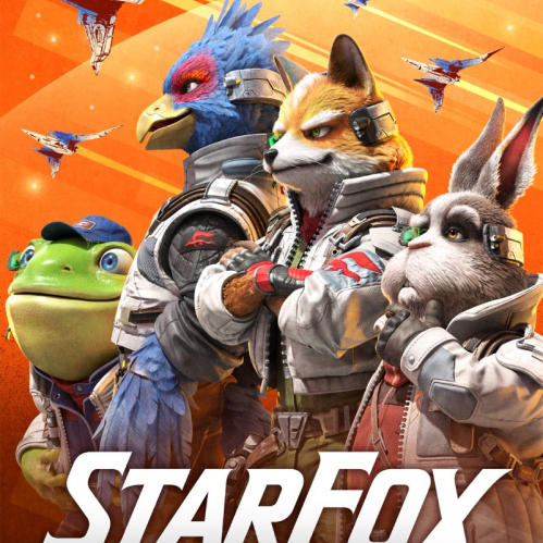 El equipo Star Fox posando con naves en formación sobre fondo anaranjado.