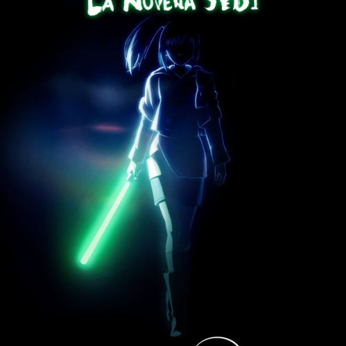 Póster oficial de Star Wars Visions Presenta: La Novena Jedi que muestra la silueta de Kara iluminada por el resplandor verde de su sable de luz sobre un fondo oscuro, con los logotipos oficiales de la serie y Disney+.