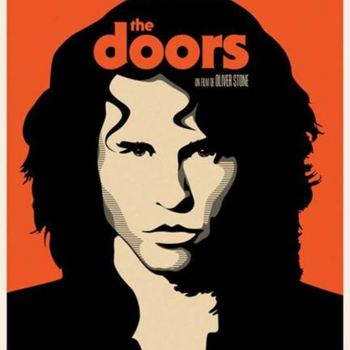 Póster estilizado con el rostro ilustrado de Jim Morrison en tonos contrastados sobre fondo naranja.