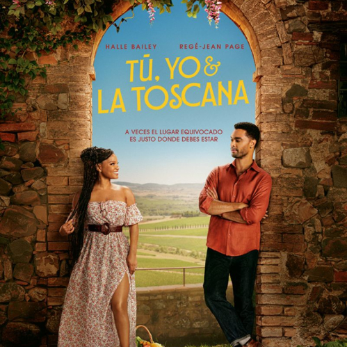 Pareja en un arco de piedra con paisaje campestre al fondo.