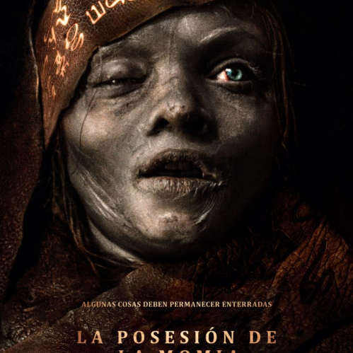 Primer plano del rostro de una momia envuelta en vendajes antiguos, con un ojo abierto y luz intensa que resalta los detalles deteriorados. El diseño transmite un ambiente oscuro y sobrenatural.