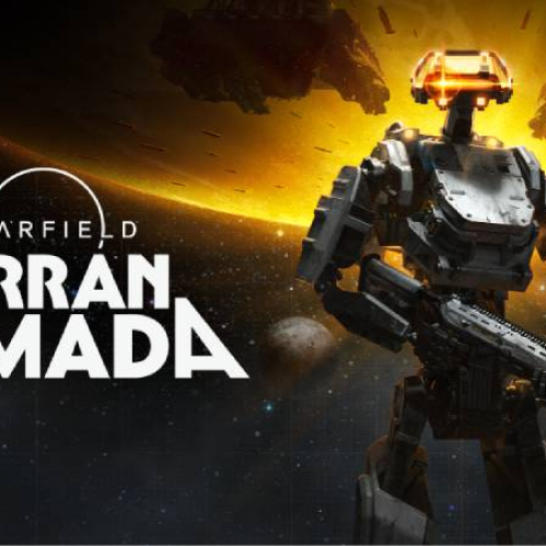 Ilustración de un soldado futurista armado frente a una escena espacial con naves colosales y un fondo luminoso que sugiere un conflicto interplanetario.