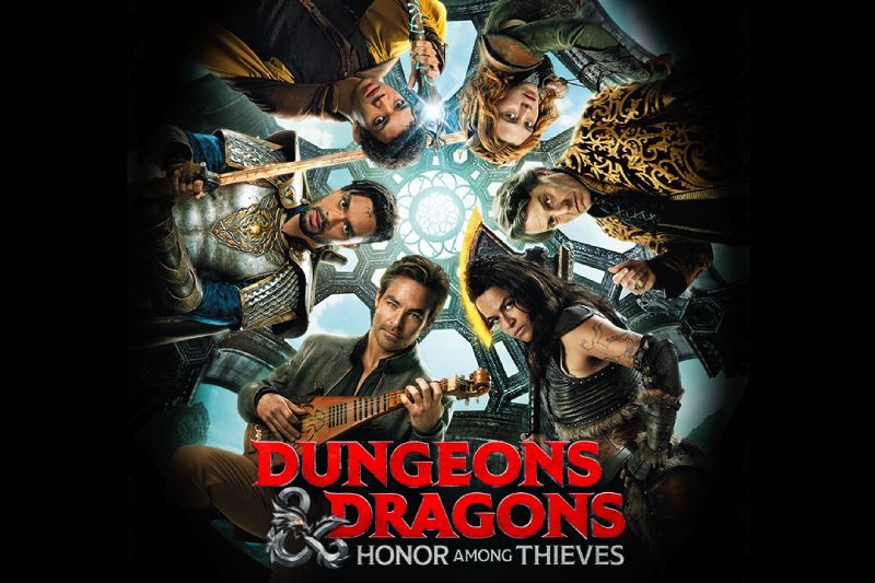 “Dungeons & Dragons: Honor Among Thieves In Concert” – Arte promocional Póster promocional con personajes de fantasía dispuestos alrededor de un diseño circular, acompañado del título del evento y la fecha del concierto.