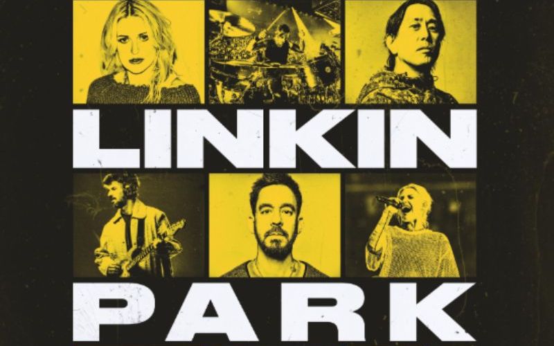 Póster oficial en español del documental "Linkin Park: Unshatter". Póster promocional vertical con un diseño en retícula tipo mosaico con tonos amarillos, negros y blancos. En la parte superior se observa el logotipo circular de Linkin Park. La imagen está dividida en cuadros que muestran a cada uno de los integrantes de la banda: Mike Shinoda, Joe Hahn, Brad Delson, Dave Farrell, Emily Armstrong y Colin Brittain, intercalados con fotografías en blanco y negro de presentaciones en concierto. Al centro destacan las letras grandes "LINKIN PARK UNSHATTER" acompañadas del eslogan "THE HARDEST PART OF ENDING IS STARTING AGAIN". En el tercio inferior se lee la fecha "IN THEATERS SEPT. 30" y la frase "TICKETS AT UNSHATTERMOVIE.COM" junto a las marcas SCREENX y 4DX.