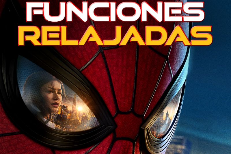 Afiche promocional de las Funciones Relajadas de "Spider-Man: Brand New Day" en Cinépolis. Acercamiento a la máscara roja y negra del traje de Spider-Man. En el visor derecho reflejado se observa el rostro de MJ (Zendaya) mirando al horizonte con la ciudad al atardecer de fondo. En la parte superior de la imagen se aprecia la leyenda en letras grandes y estilizadas "FUNCIONES RELAJADAS" en color blanco y amarillo con borde rojo.
