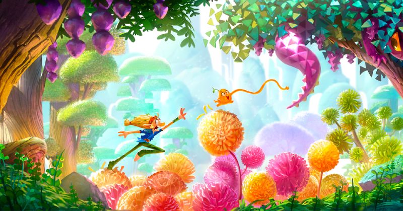 Arte conceptual de Clay de Disney Animation Arte conceptual colorido y vibrante de un bosque mágico con plantas fantásticas donde un personaje salta intentando alcanzar a una pequeña criatura de arcilla flotante.