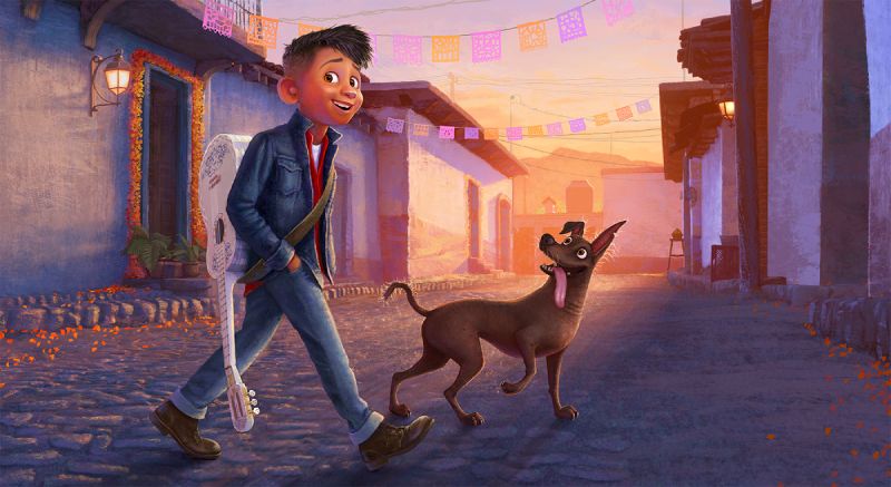 Miguel adolescente en Coco 2 Arte conceptual que muestra a Miguel como un joven adolescente caminando por una calle de empedrado al atardecer con su guitarra blanca en la espalda, acompañado por su perro Dante.