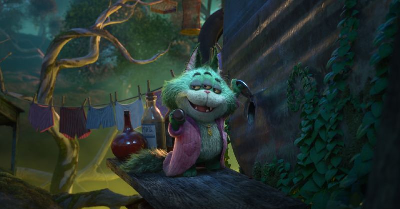 Beef Roger Crummchuk en Hechizo Bienvenidos a Hexed Imagen en 3D que muestra a un gato verde de tres ojos con bata rosa sonriendo de forma astuta al lado de botellas y una estructura de madera.