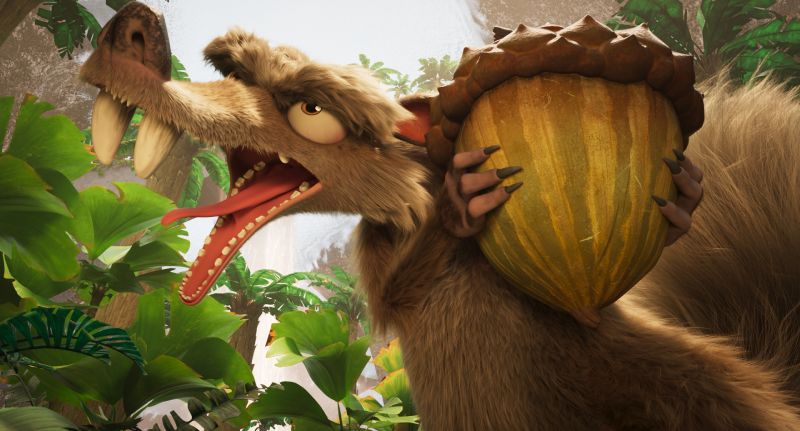 Scrat en La Era de Hielo Mundo de Lava Imagen promocional en 3D que muestra a Scrat sosteniendo una bellota gigante en medio de una selva prehistórica.