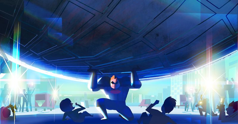 Arte conceptual de Los Increíbles 3 de Pixar Arte conceptual estilizado donde Mr. Increíble sostiene una enorme estructura circular sobre sus hombros protegiendo a las personas a su alrededor bajo luces brillantes.