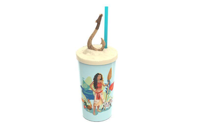 Vaso Promocional 3D de Moana en Cinépolis Vaso temático con arte de personajes de Moana, tapa texturizada y adorno decorativo.