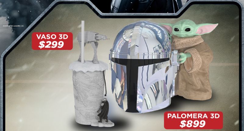 The Mandalorian & Grogu – Promocionales Cinépolis Promocional con personajes armados en un entorno oscuro, acompañados de un perro de ojos brillantes y estética de fantasía.