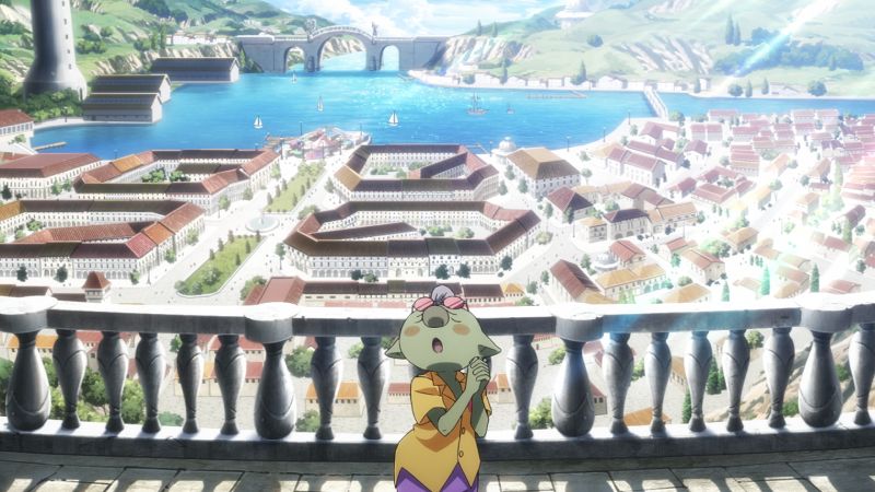 Reino de Kaien – Slime Movie Criatura antropomórfica observando una ciudad costera desde un balcón elevado.
