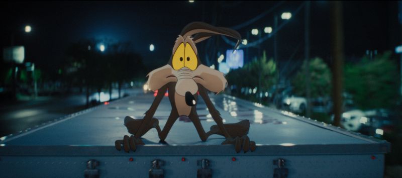 El Coyote en una escena reflexiva de Coyote vs. Acme El Coyote en animación 2D luciendo abatido y preocupado mientras viaja sobre el techo de un camión en la carretera durante la noche.