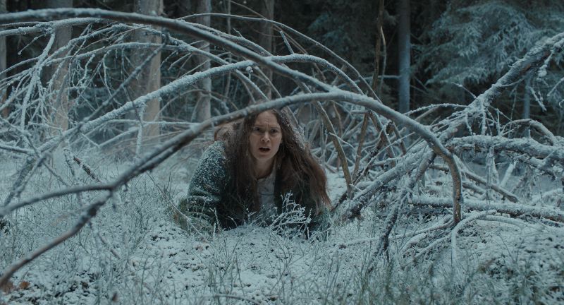 Engendro — Saga en el exterior Persona arrodillada sobre nieve entre ramas caídas en un bosque invernal.