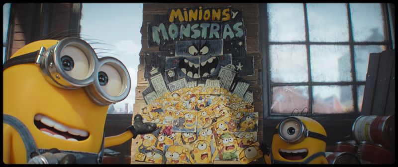 Tres Minions frente a un cartel con un monstruo oscuro y estética de cómic.