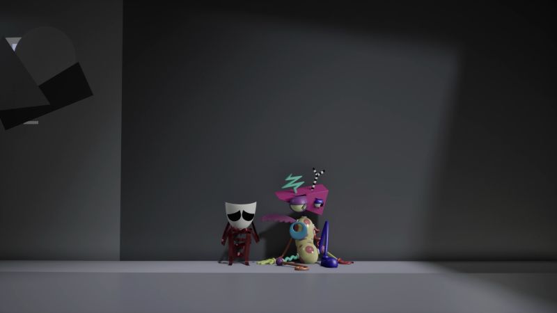 Dos personajes sentados contra una pared en ambiente minimalista.