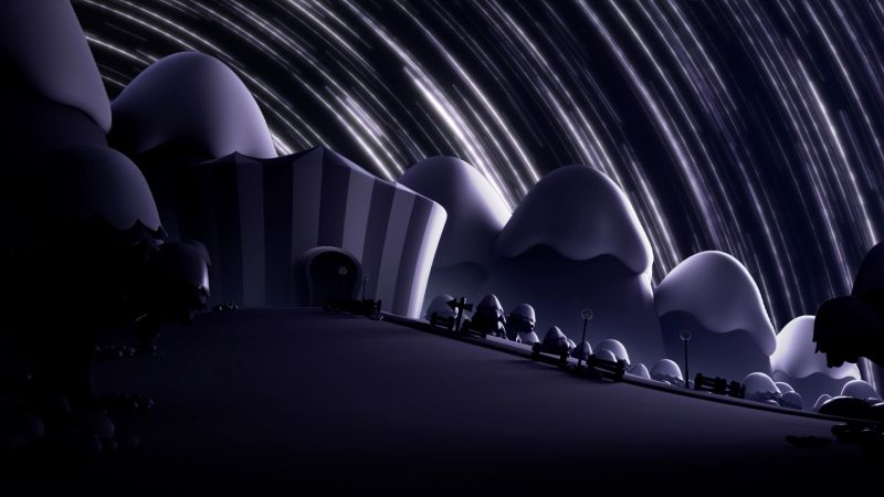 Paisaje nocturno con estructura circense y cielo distorsionado.
